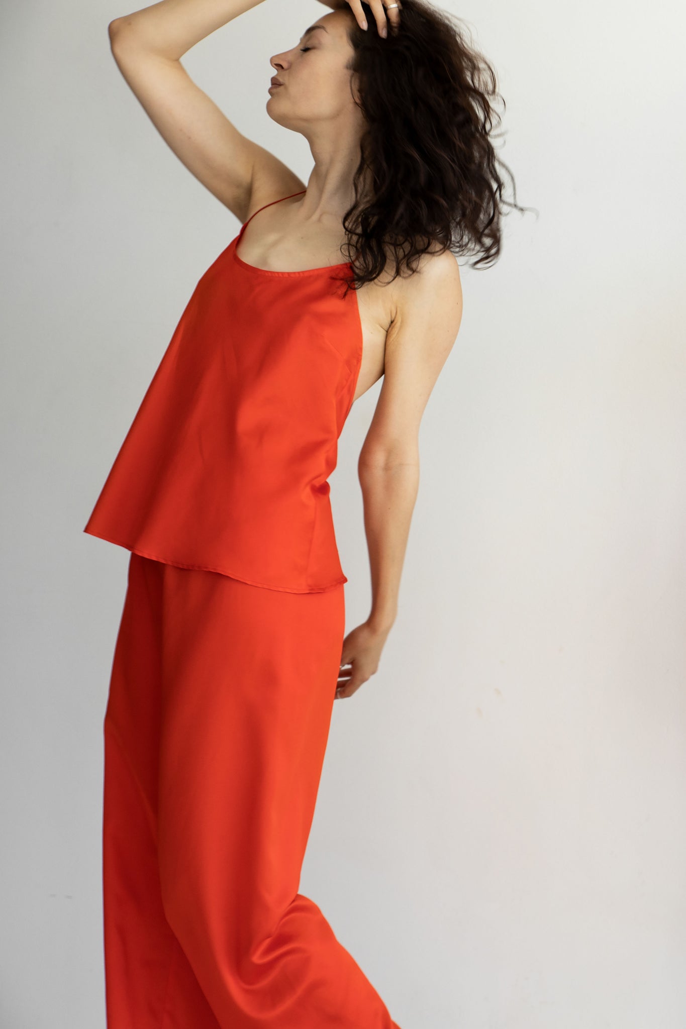 Loose fit open back red silk slip top