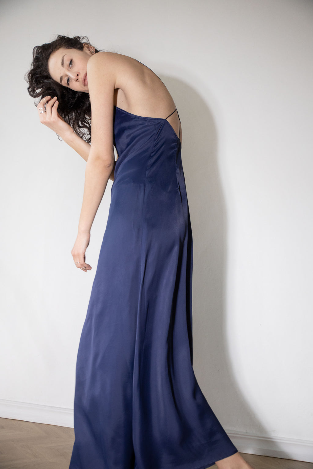 Low back maxi length slip dress blue